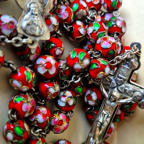 Floral Beaded Rosary with Silver Cross - Picture 1 of 8
